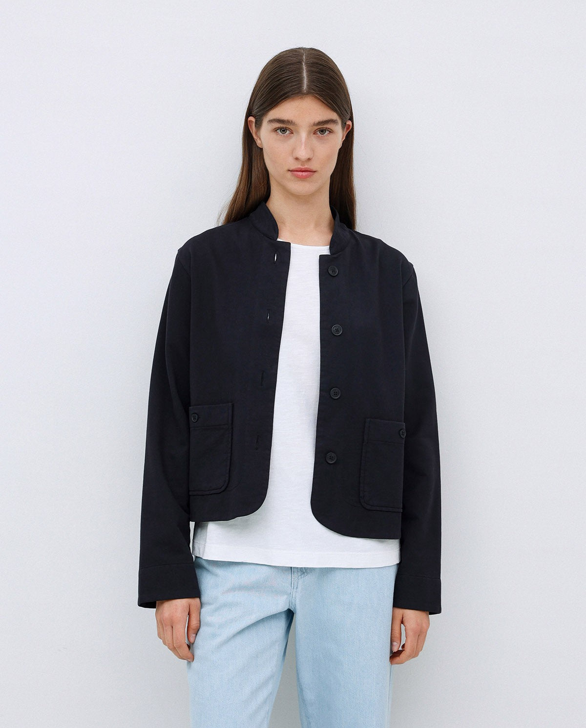 Dark Blue Mao-Neck Short Jacket - 42448