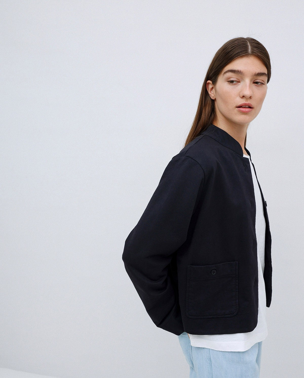 Dark Blue Mao-Neck Short Jacket - 42448