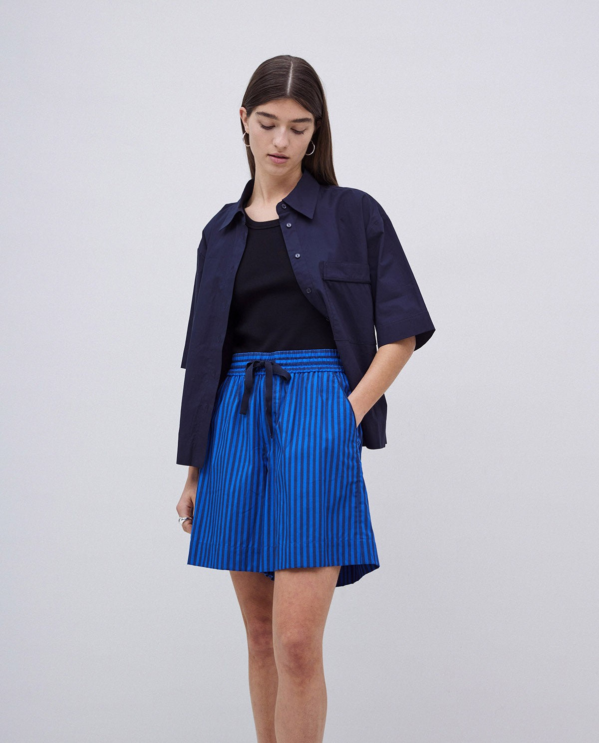 Dark Blue Striped Poplin Shorts 42842