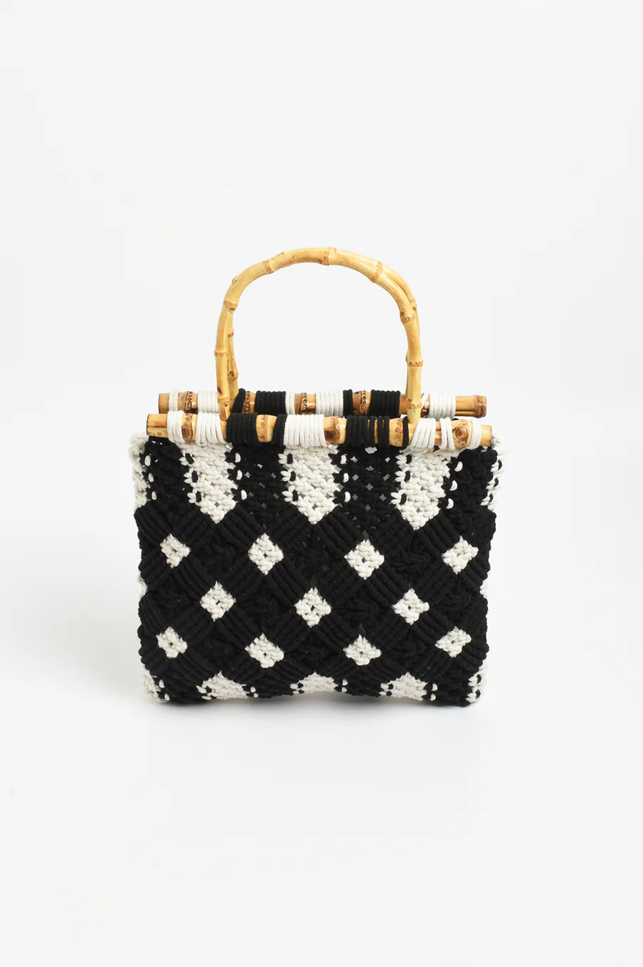 Brittney Crochet Bamboo Handle Bag - Black/Cream