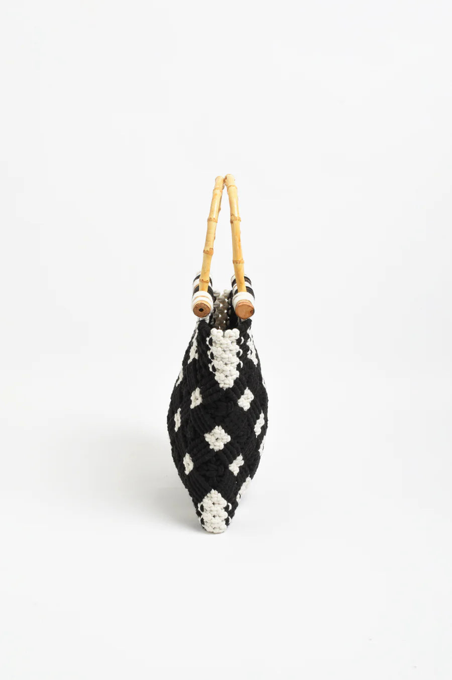 Brittney Crochet Bamboo Handle Bag - Black/Cream