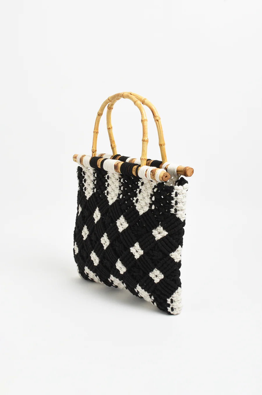 Brittney Crochet Bamboo Handle Bag - Black/Cream