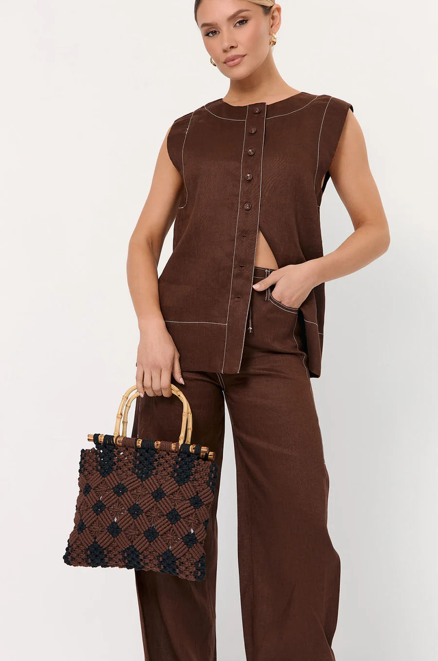 Brittney Crochet Bamboo Handle Bag - Chocolate