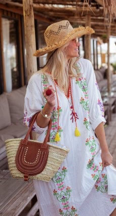 White Green Embroidery Dress