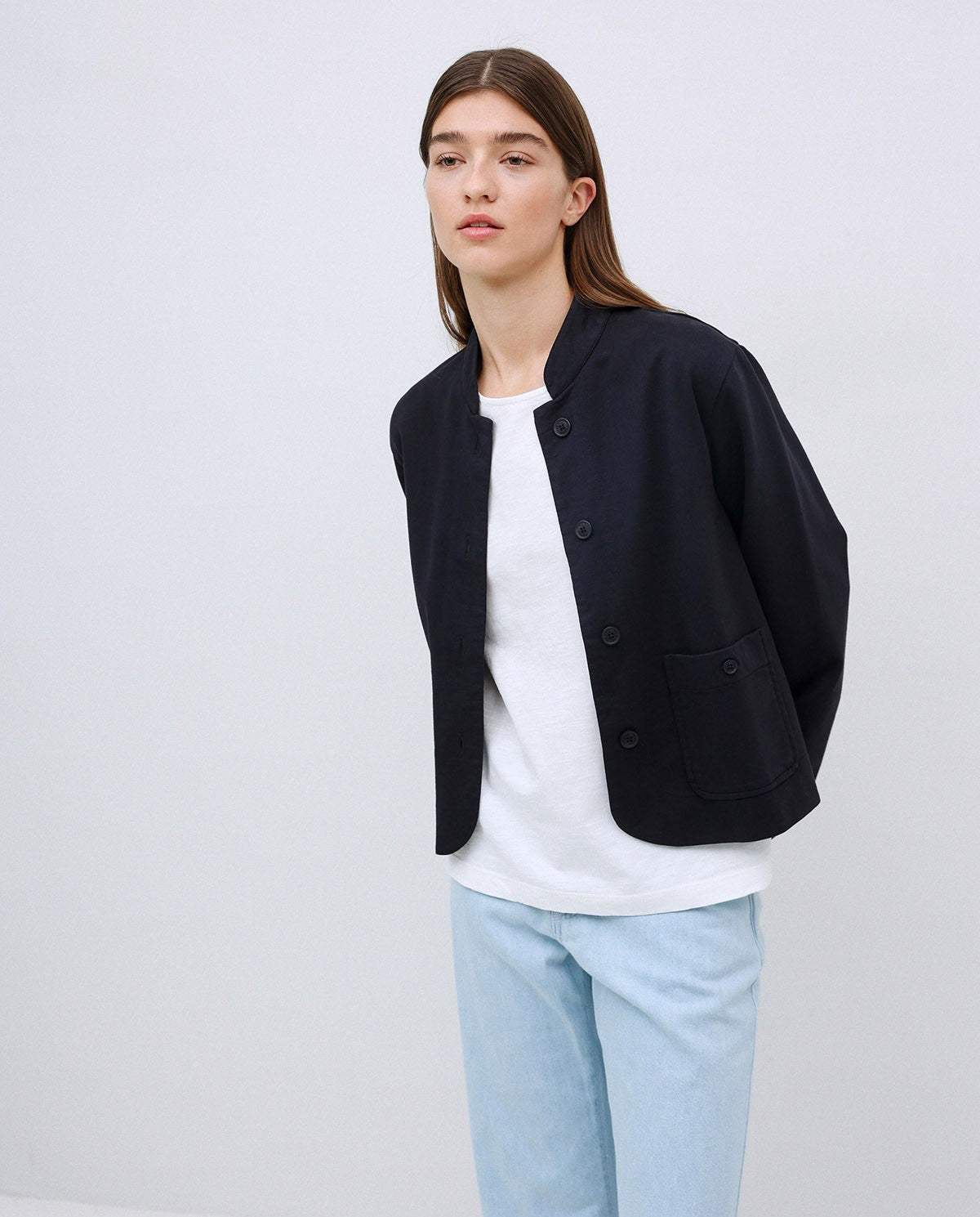 Dark Blue Mao-Neck Short Jacket - 42448