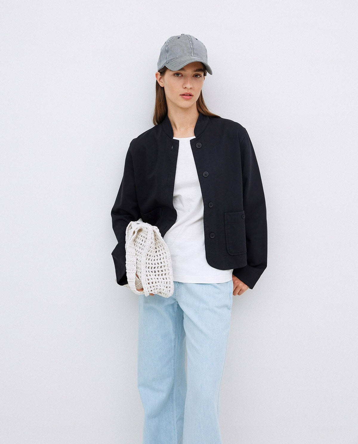Dark Blue Mao-Neck Short Jacket - 42448