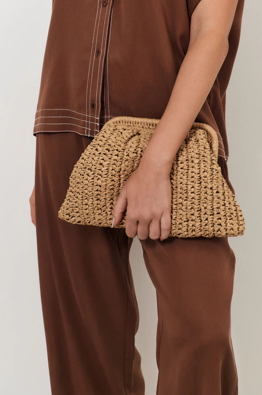Paper Weave Gathered Clutch - CAMEL