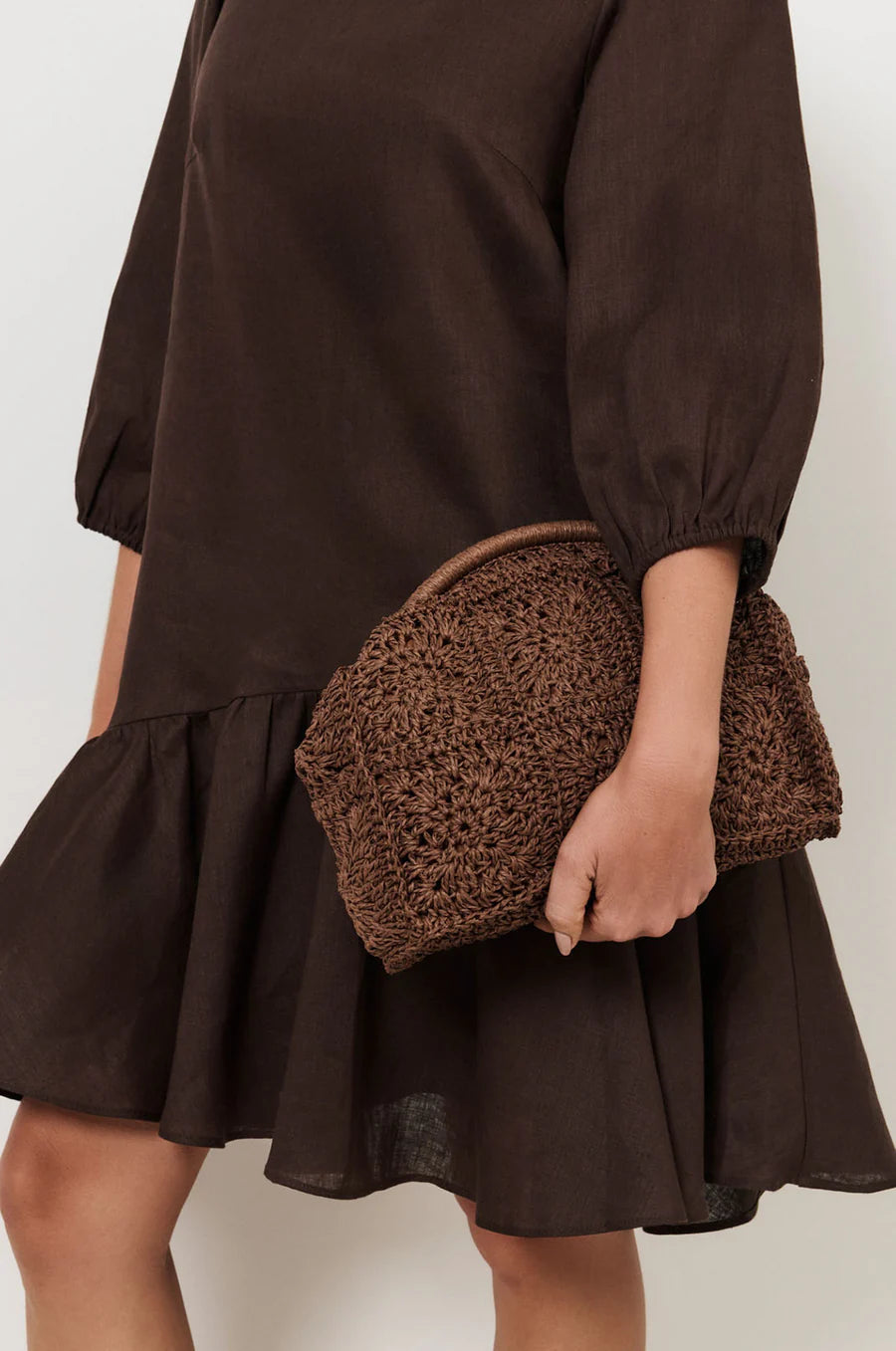 Patterned Curved Paper Weave Clutch - Chocolate