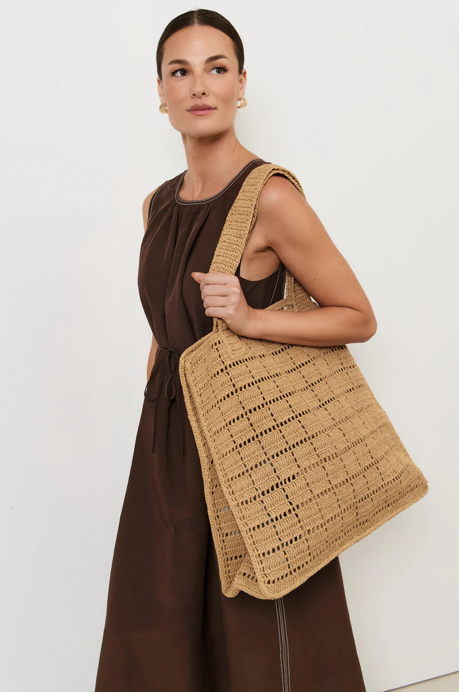 Patterned Paper Weave Tote - Camel