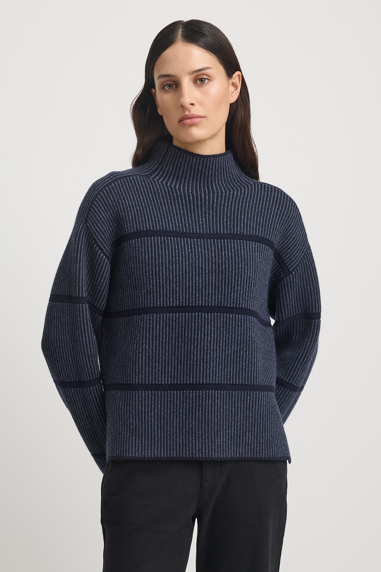Pin Stripe Funnel Neck Sweater - French Navy