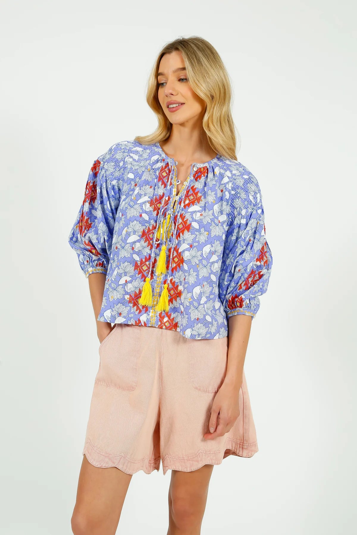 Lila Print blouse with Orange Embroidery