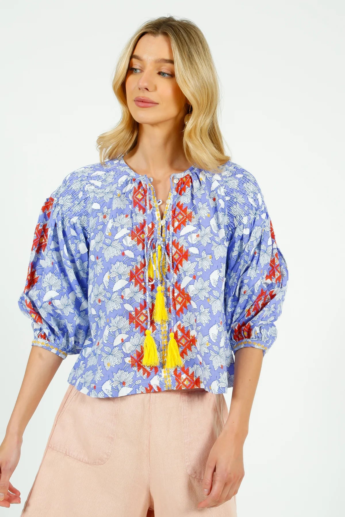 Lila Print blouse with Orange Embroidery