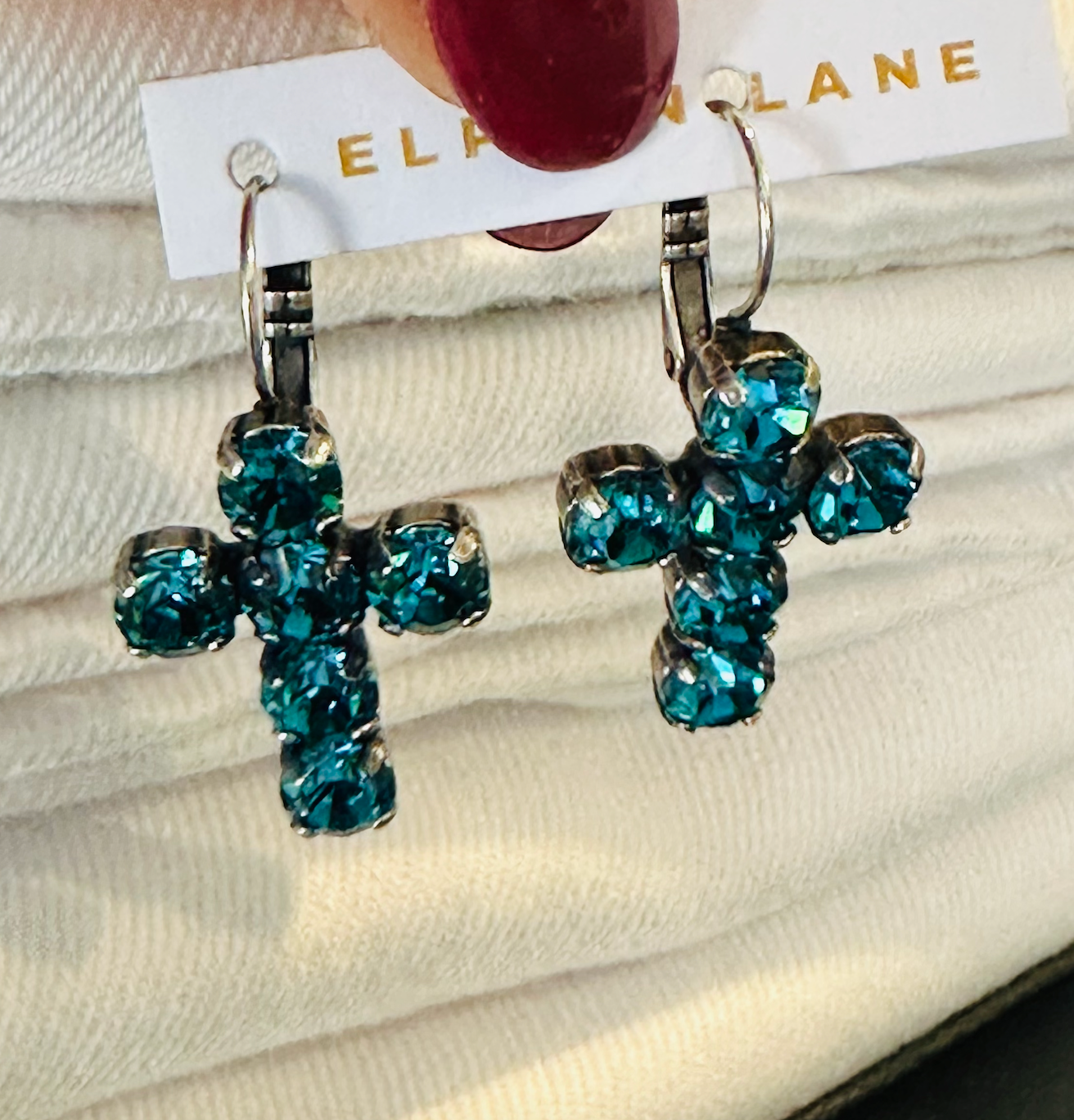 Crystal Cross Earrings - Aqua/Antique Silver