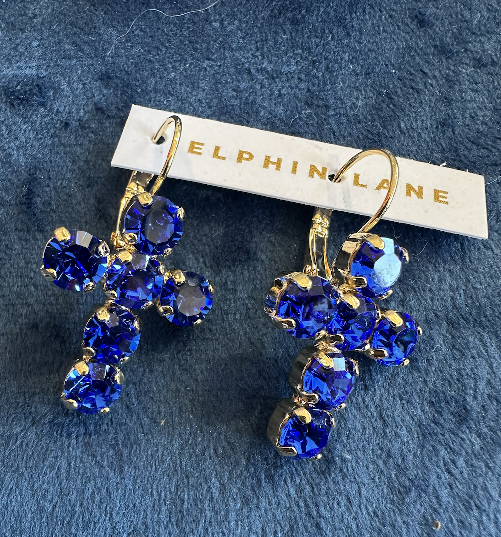 Crystal Cross Earrings - Sapphire/Gold