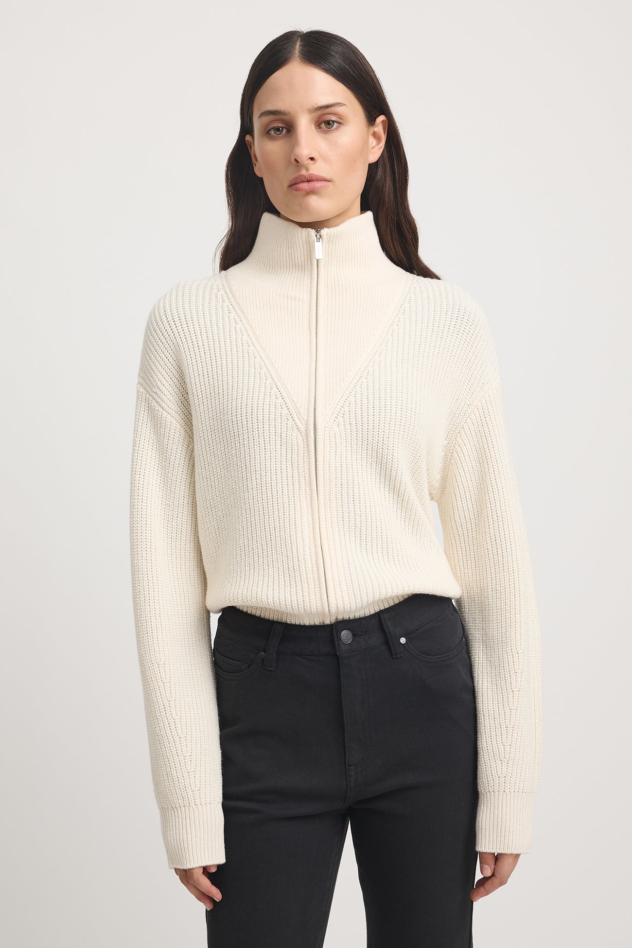 Zip Through Rib Knit - Ivory