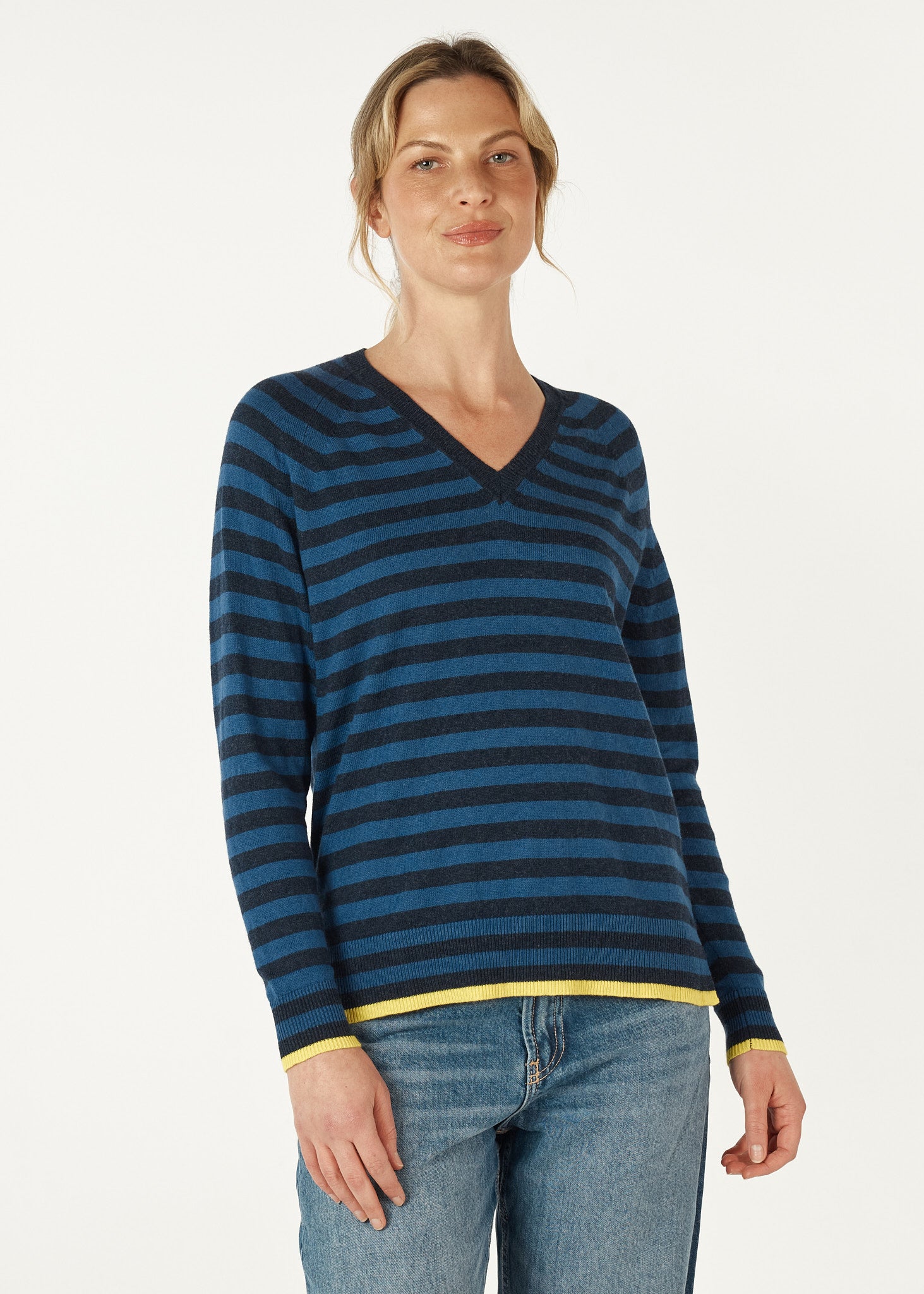 Essential Stripe V Neck - Denim
