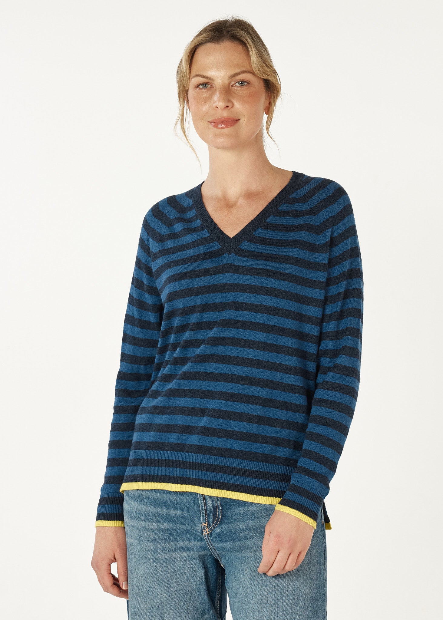 Essential Stripe V Neck - Denim