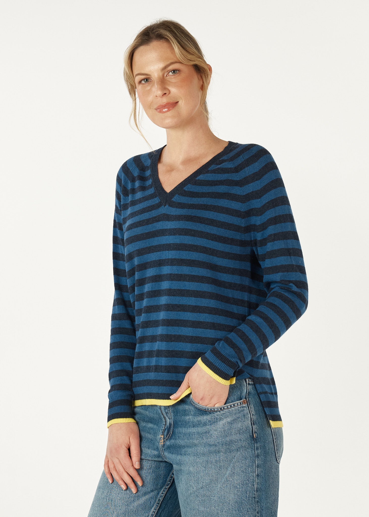 Essential Stripe V Neck - Denim