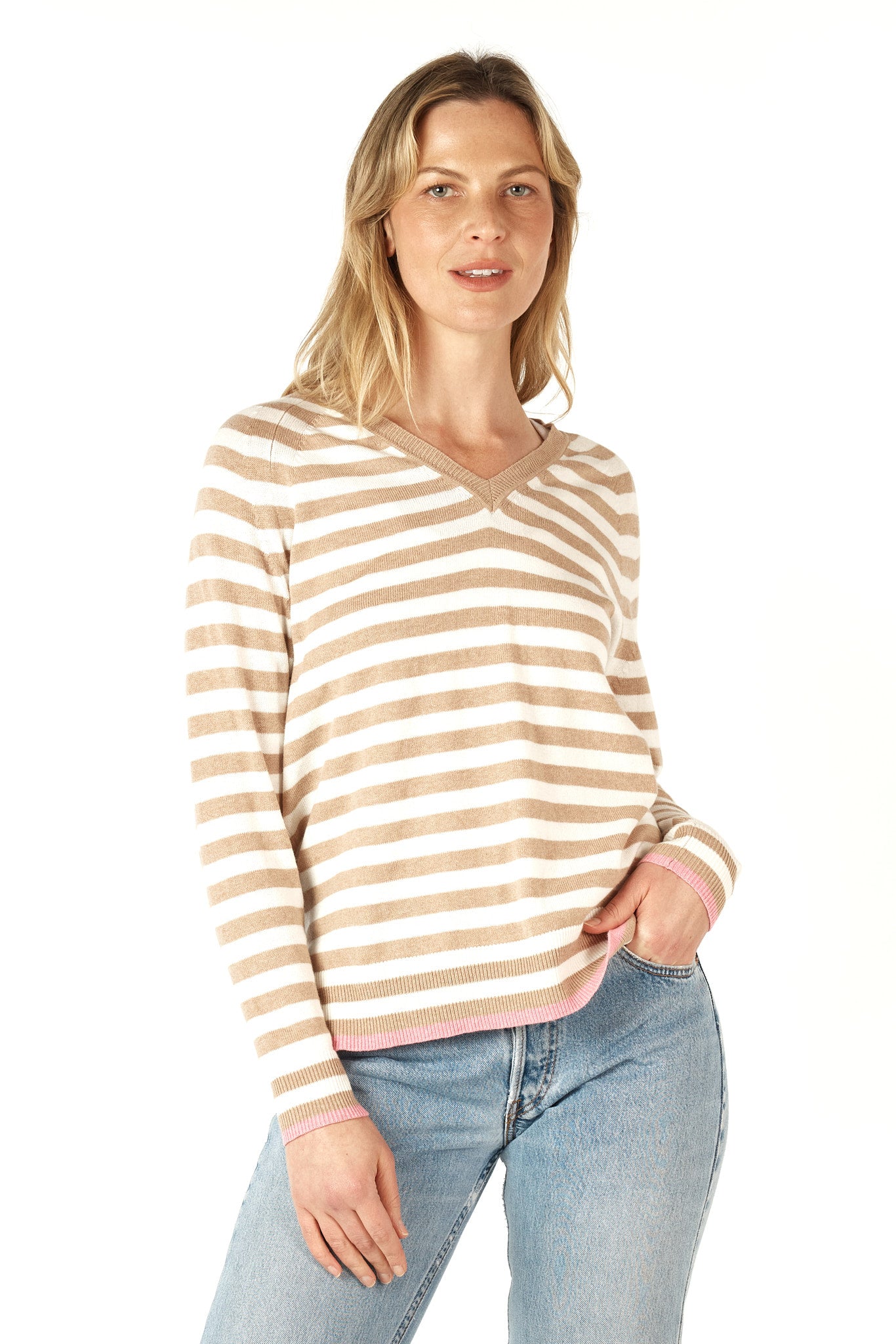 Essential Stripe V Neck - Oat