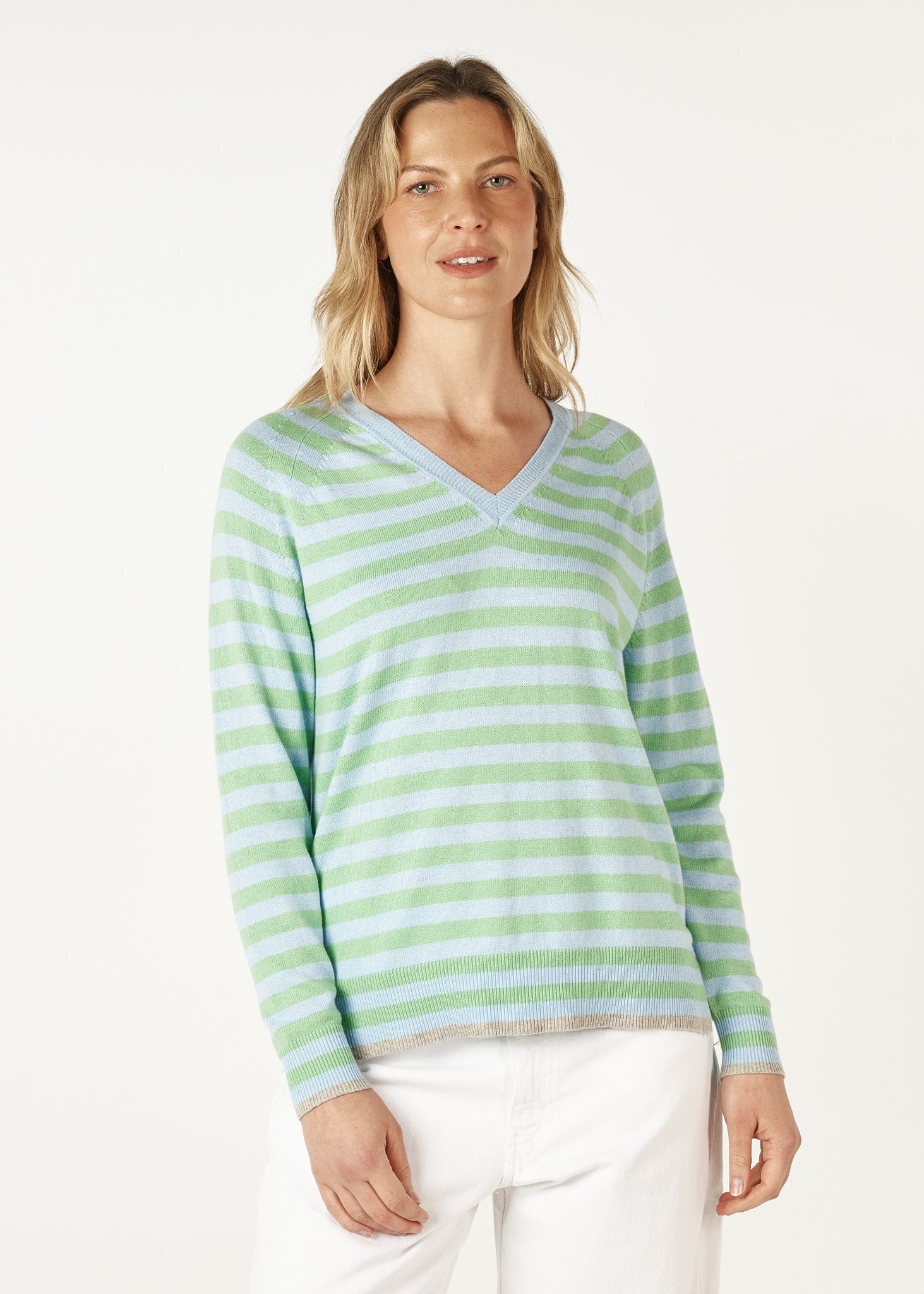 Essential Stripe V Neck - Sky