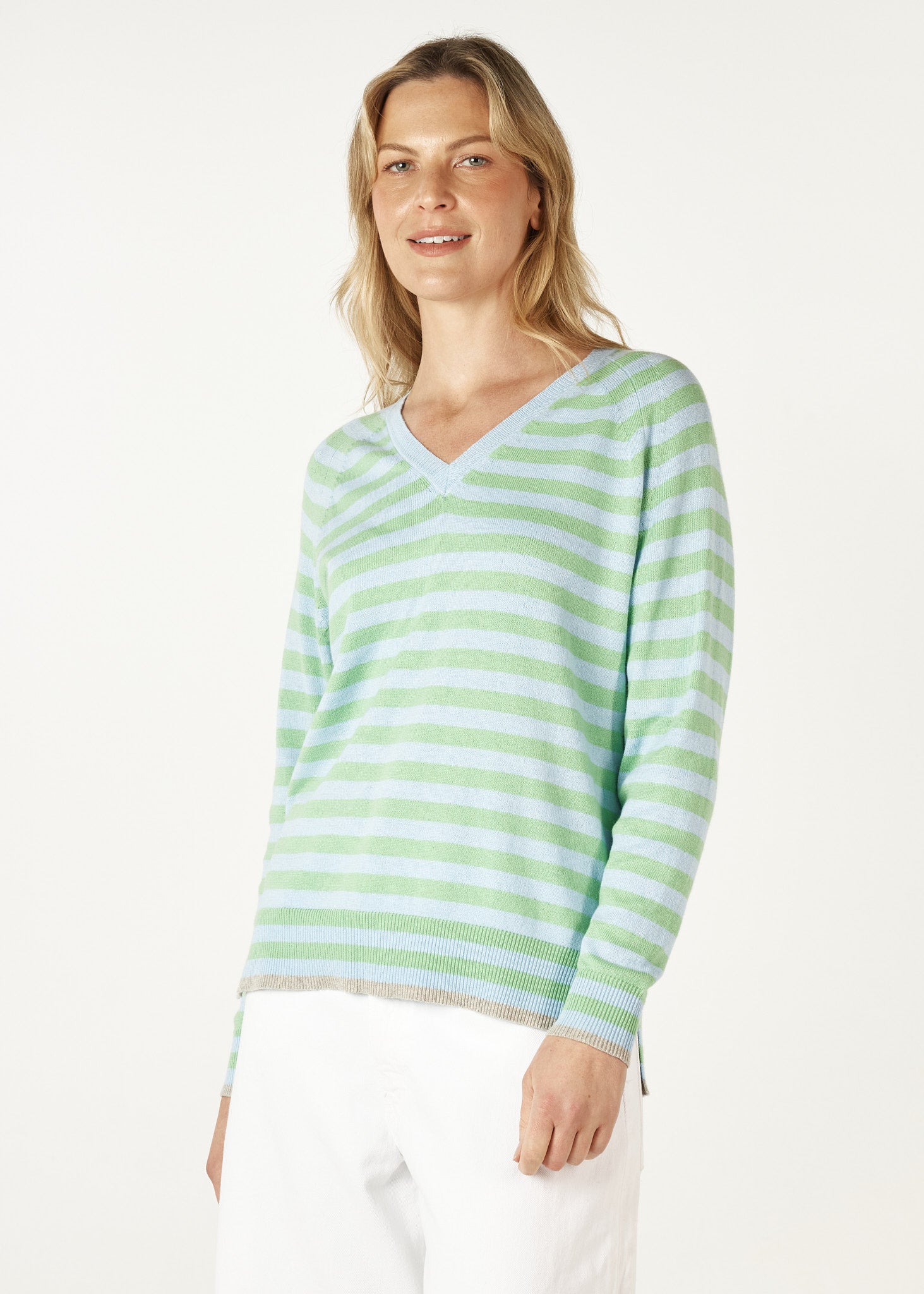 Essential Stripe V Neck - Sky