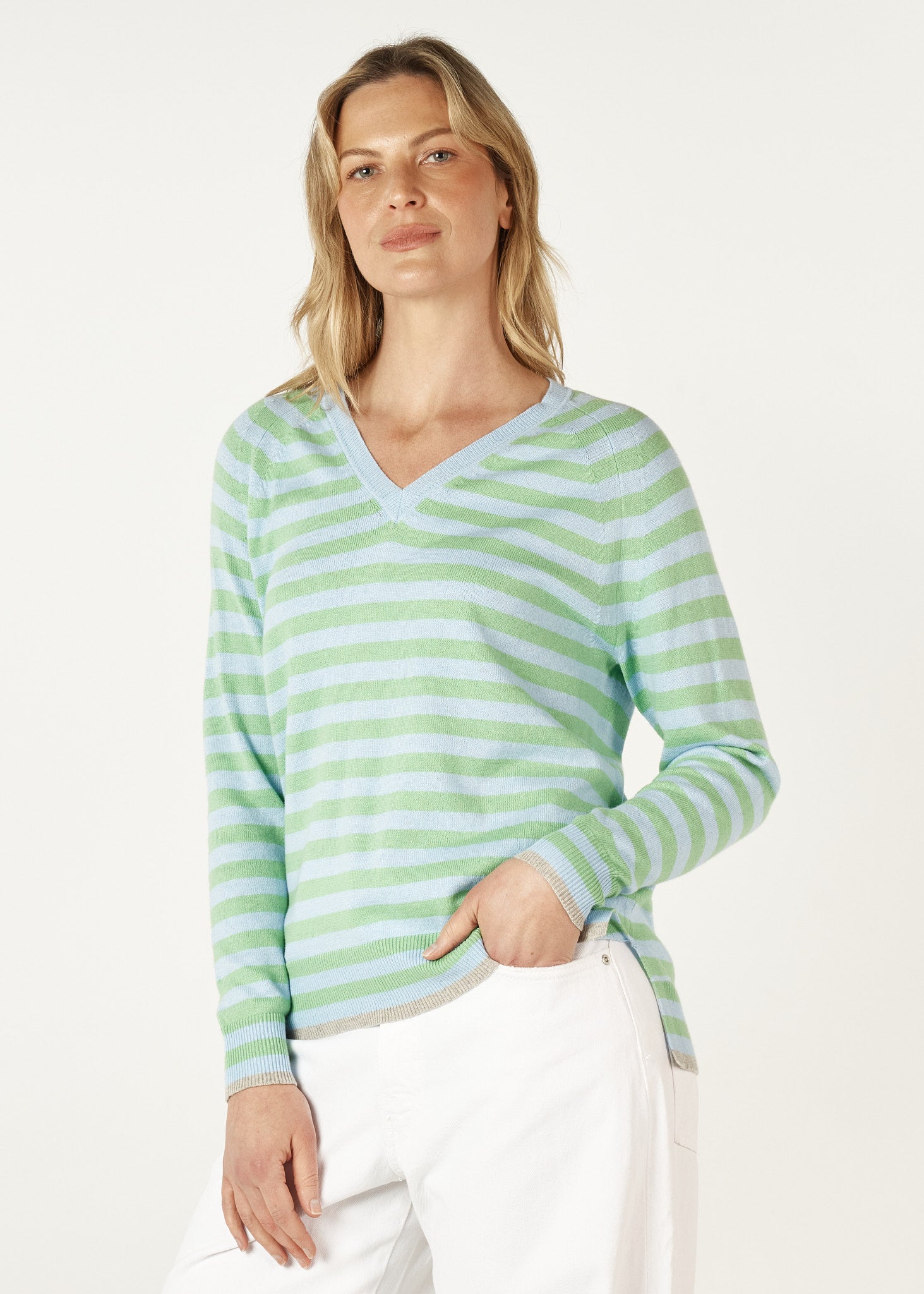 Essential Stripe V Neck - Sky