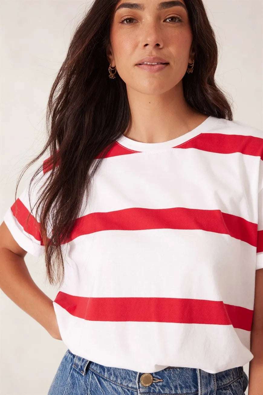 Slouchy Split Hem Tee - Red Stripe