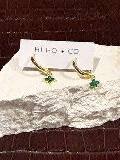 Gold Huggies Green Stone Dangly Flower
