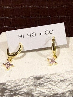 Gold Huggies Pink Stone Dangly Flower