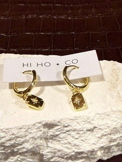 Gold Huggies Square Dangly with Clear Stone