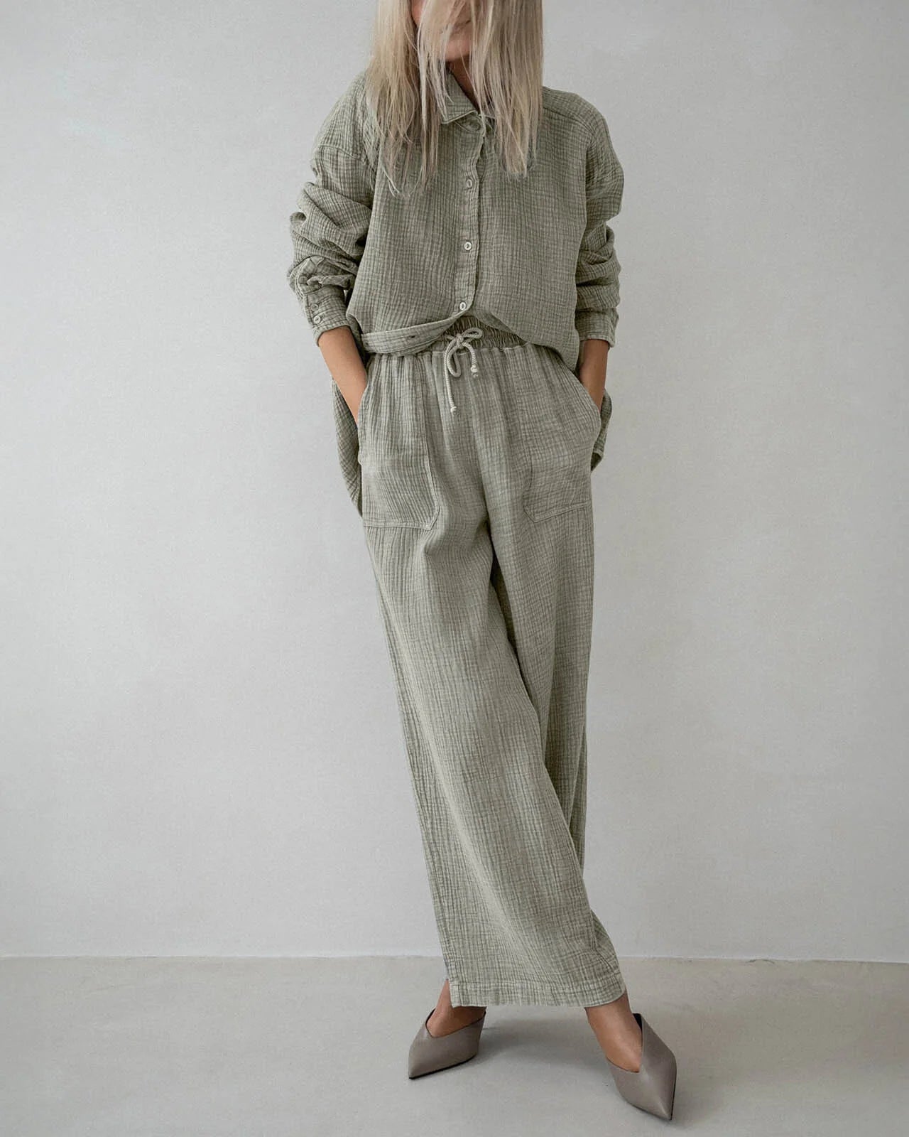 Ava Gauze Button Down - Eucalyptus