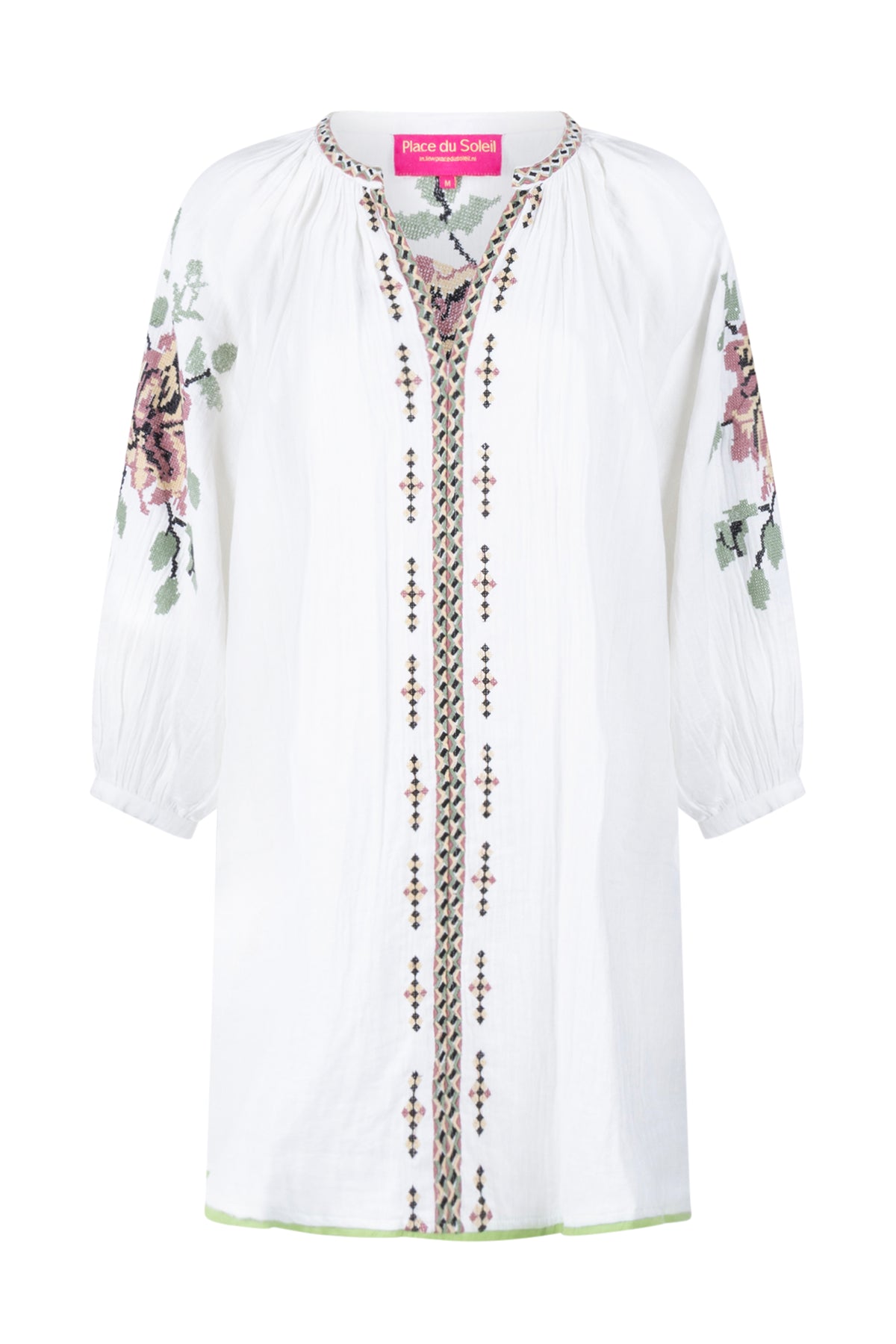 Old Rose/Green Flower Embr Dress - White