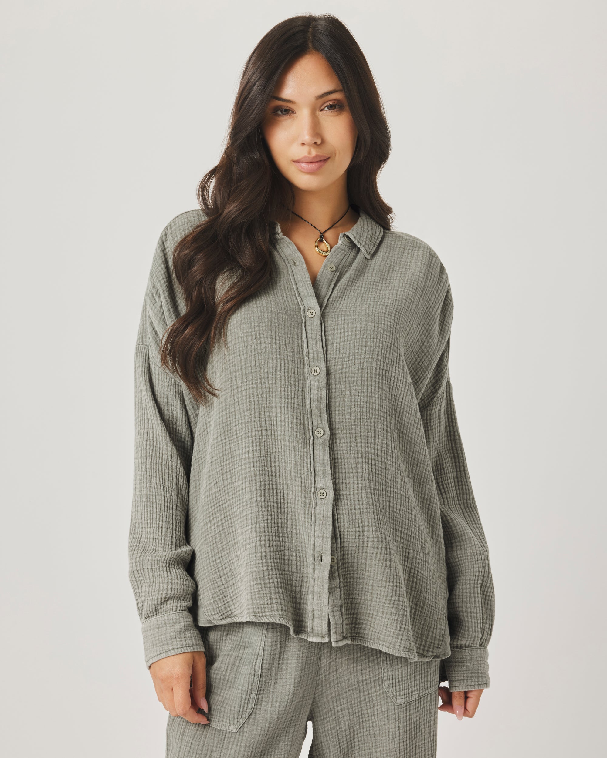 Ava Gauze Button Down - Eucalyptus