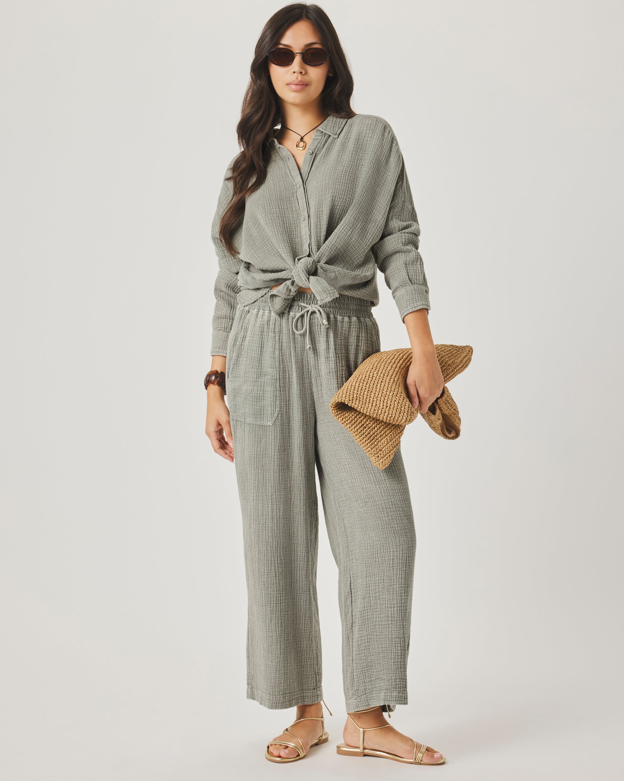 Ava Gauze Button Down - Eucalyptus