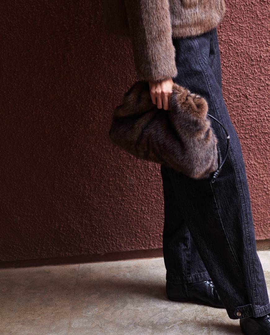 Faux Fur Bag with Leather Handle
