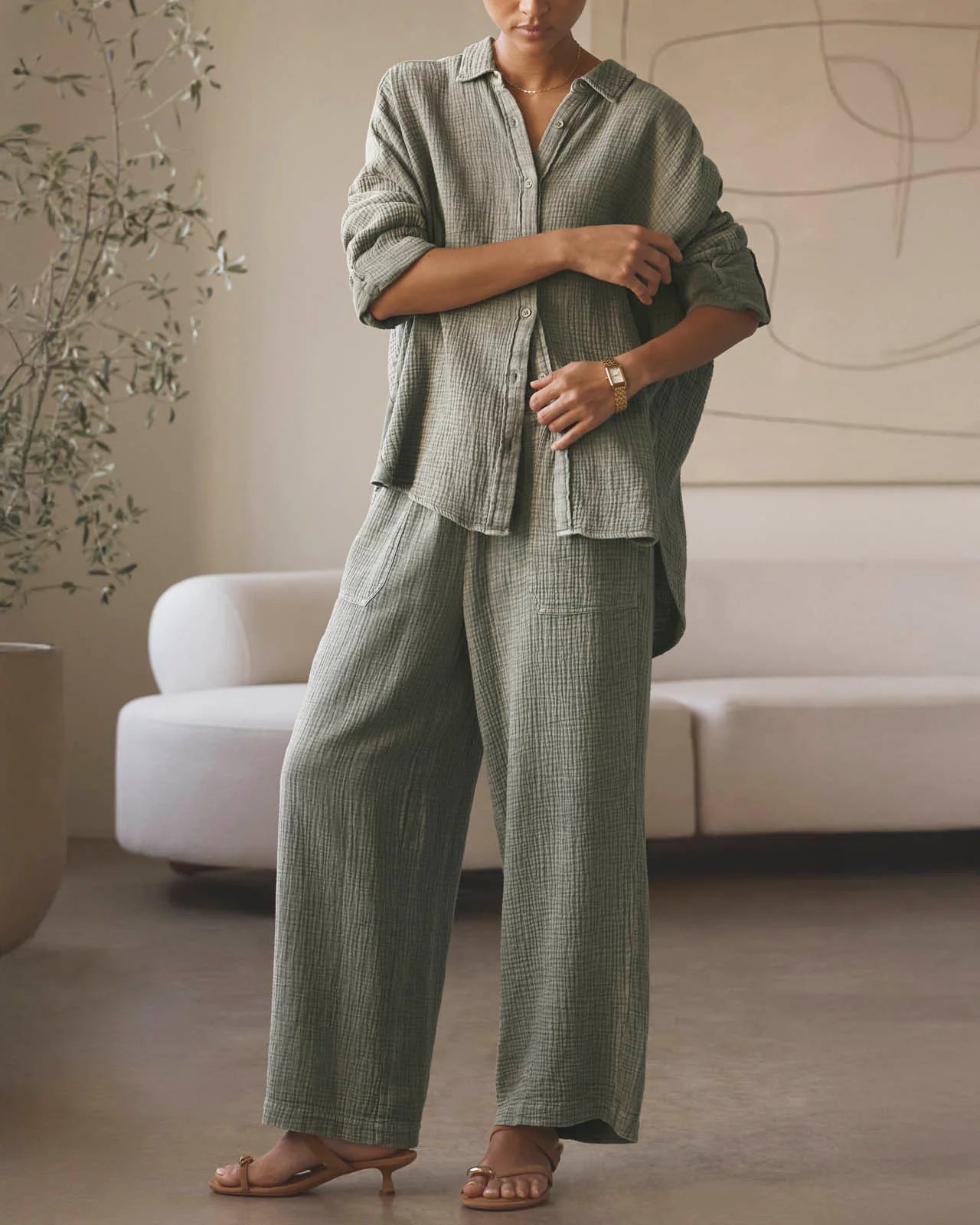 Ava Gauze Button Down - Eucalyptus